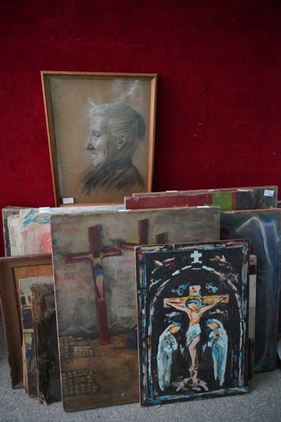Ensemble d'huiles sur toile et panneaux :...