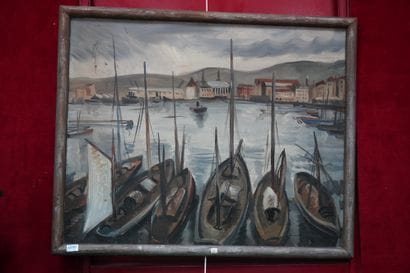 Ecole moderne, Voiliers au port, huile sur...