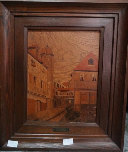 3 tableaux de marqueterie figurant Colmar,...
