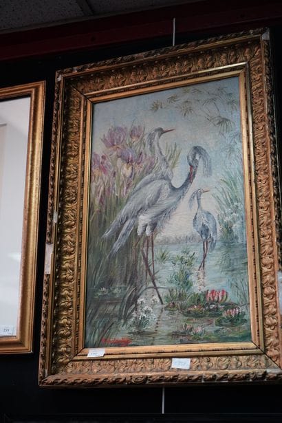 Ecole Moderne. Echassiers, huile sur toile,...