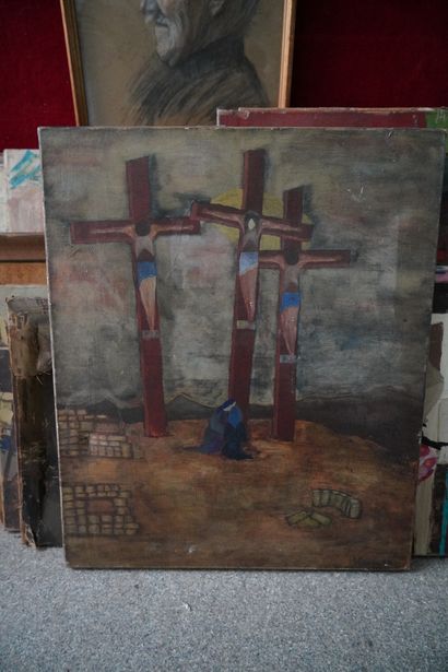 Ensemble d'huiles sur toile et panneaux :...
