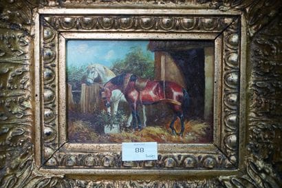 ECOLE MODERNE, Chevaux à l'étable, huile...
