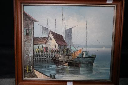 MORLY, Bateau de pêche au port, huile sur...