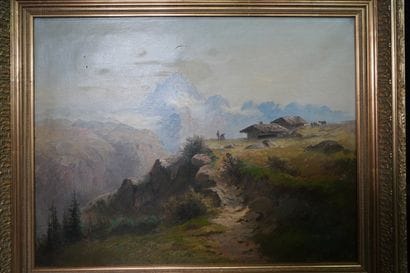 NORMANN, Vue de chalet en montagne, huile...
