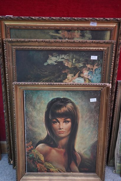 Réunion de pièces encadrées : reproductions,...