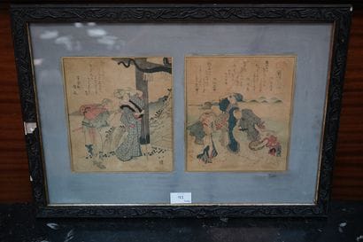 Deux estampes japonaises dans un même cadre,...