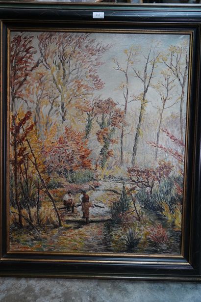 E. LAVAL, La pause dans la forêt, 1996, huile...