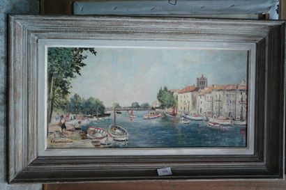 R. PARMENTIER (Xxe siècle), Le port, huile...