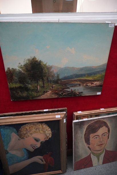 Réunion de quatre huiles sur toile : portraits,...