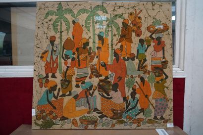 Scène de marché en Afrique. Peinture sur...