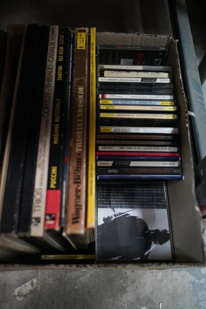Réunion de disques vinyles, CD, livres courants...