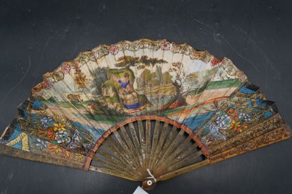 Eventail 19ème, la feuille à décor d'une...