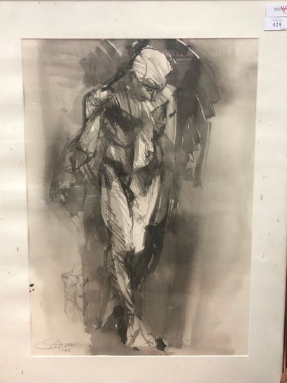 Ecole moderne. Académie d'homme. Lavis d'encre....