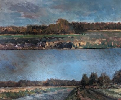 F. FONTAINE. Paysage animé au pont. Huile...