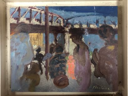 F. FONTAINE. Paysage animé au pont. Huile...