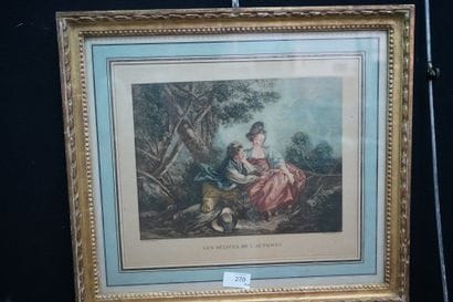 Réunion de trois gravures en couleur encadrées...