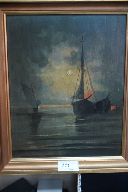 Ecole moderne. Marine au clair de lune. Huile...