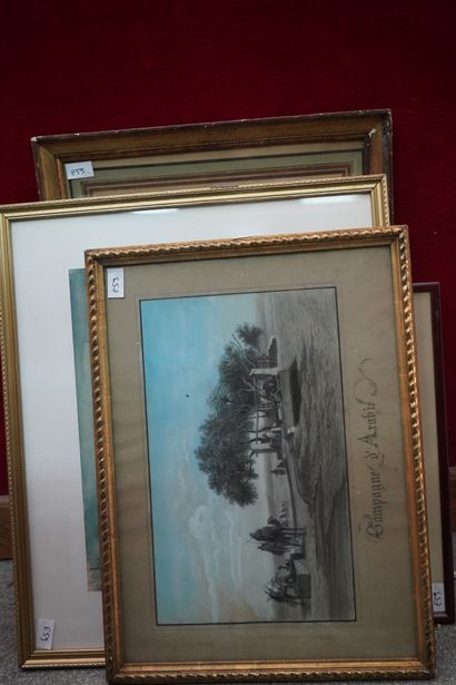 Réunion de gravures, on joint une aquarelle...