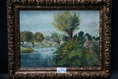 Ecole moderne. 
Scène de chasse dans un paysage...