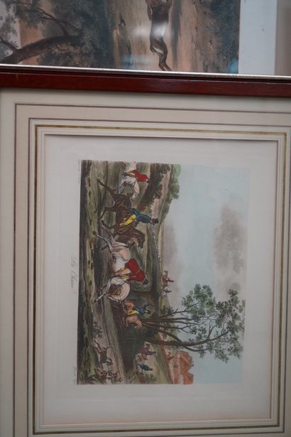 Réunion de six gravures en couleurs encadrées,...