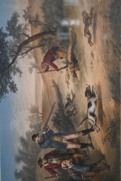 Réunion de six gravures en couleurs encadrées,...