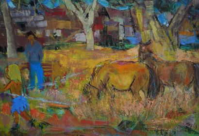 PAULY (XXe). Montagne ; Paysage aux chevaux....