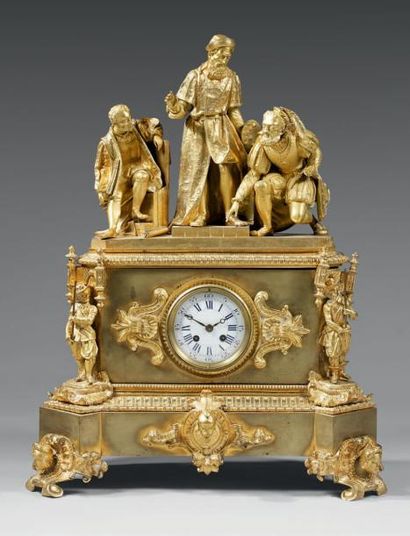 PENDULE Bronze doré, le cadran émaillé blanc...