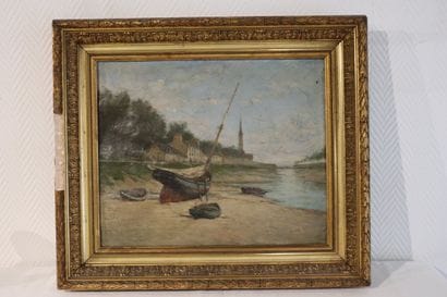 Ecole XIXème Paysage de bord de mer au clocher,...