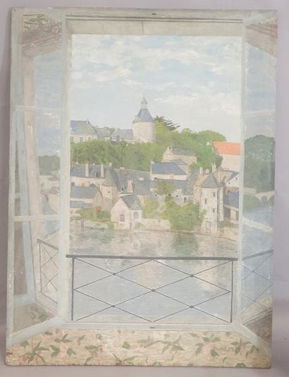 Fenêtre ouverte, huile sur panneau signé...