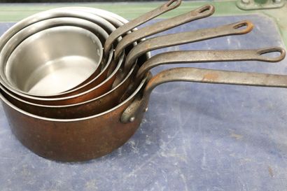 Batterie de cinq casseroles en cuivre.