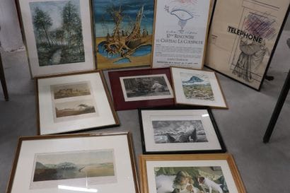 Lot de dix encadrements divers, gravures,...