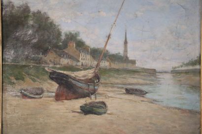Ecole XIXème Paysage de bord de mer au clocher,...
