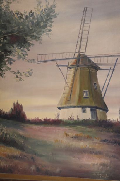 Ecole nordique, daté 1950, Paysage au moulin,...