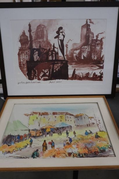 Deux grandes aquarelles encadrées : Franck...