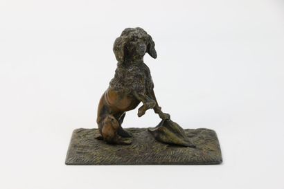 Caniche assis, une patte posée sur un bicorne,...