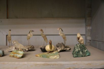 Ensemble de neuf oiseaux en pierres dures,...