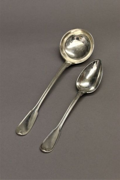 Louche et cuillère de service en argent 950°/°°...