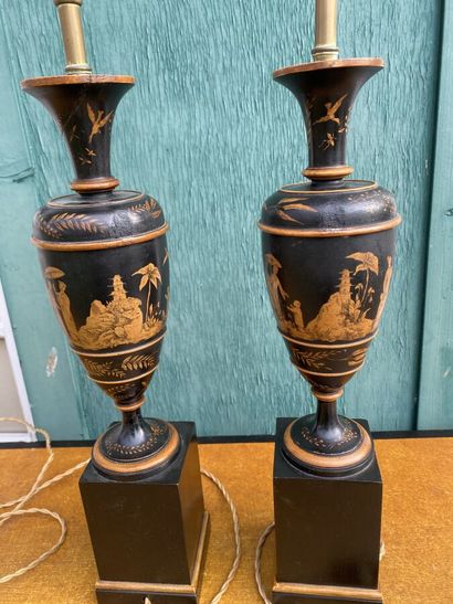 Pair of black lacquered wood lamp bases,...