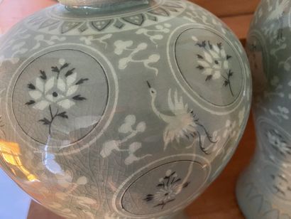 Set of 3 vases: two in celadon green porcelain...