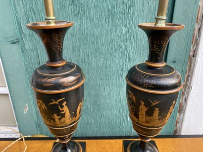 Pair of black lacquered wood lamp bases,...