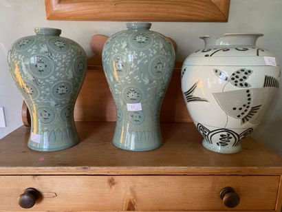 Set of 3 vases: two in celadon green porcelain...