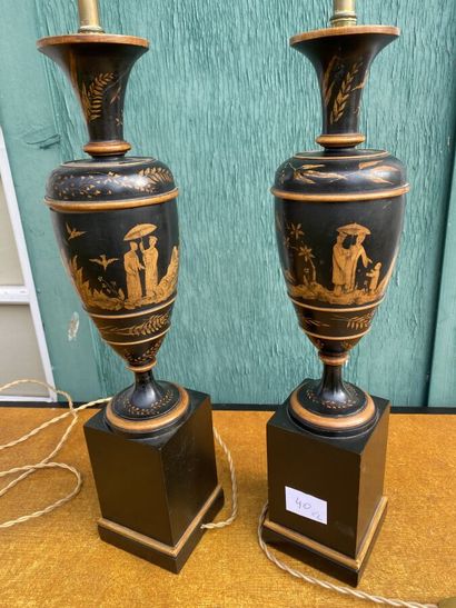 Pair of black lacquered wood lamp bases,...