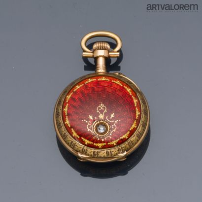 Yellow gold 750°/°° collar watch, beige enameled...