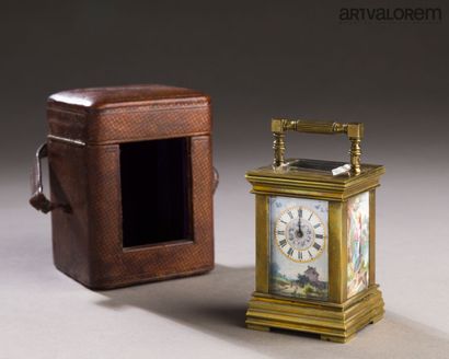 Officer's clock, brass cage with enameled...