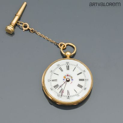 Yellow gold 750°/°° collar watch, white enameled...