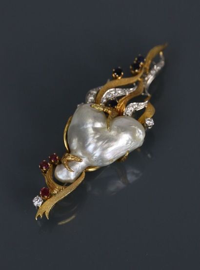 Brooch in yellow and white gold 750°/°°,...
