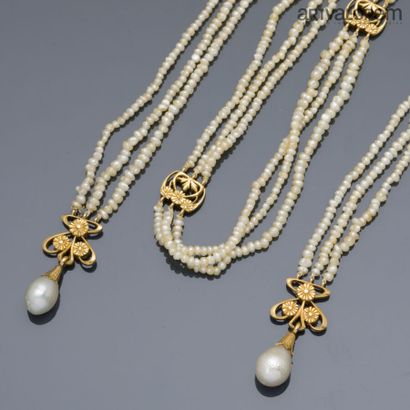 Tie necklace composed of three rows of seed...