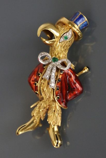 Parrot-shaped pendant brooch in yellow gold...