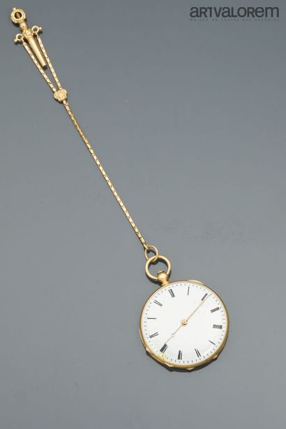 Yellow gold 750°/°° collar watch, white enameled...