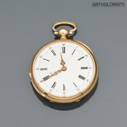 Yellow gold 750°/°° collar watch, white enameled...